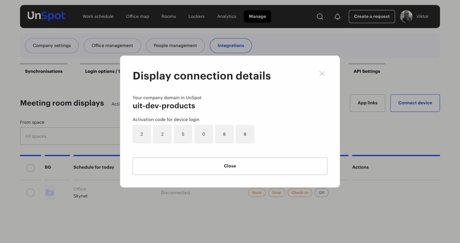 The Display connection details window with the domain and activation code