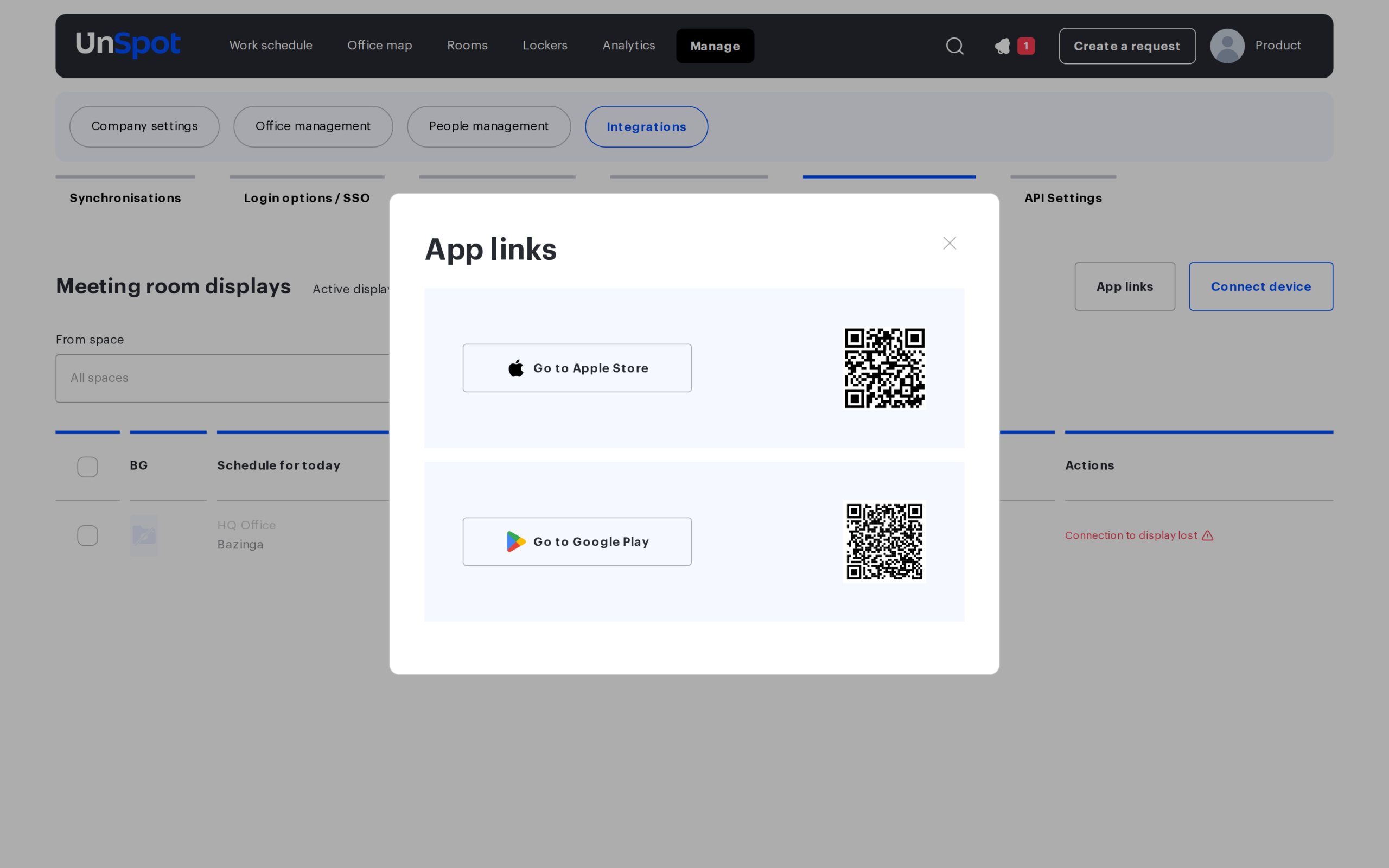 App links modal with QR codes for the display app