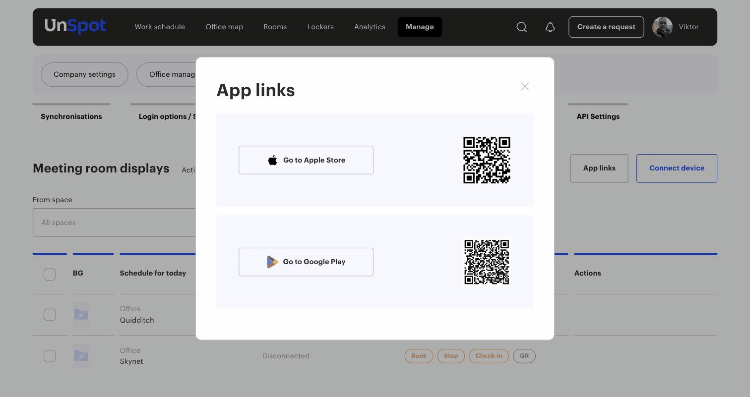 The App links window with App Store and Google Play QR codes