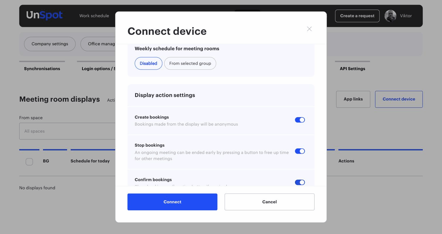 The device form: the Display action settings block
