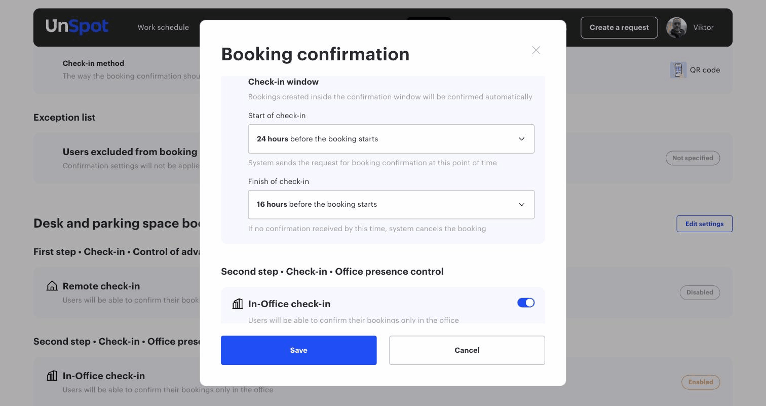 First step: check-in window (start and finish)