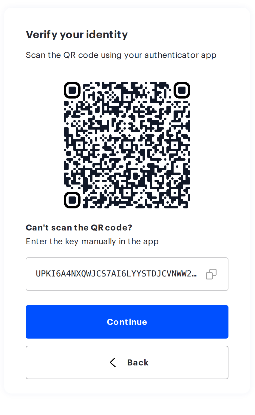 First-time TOTP setup screen with a QR code