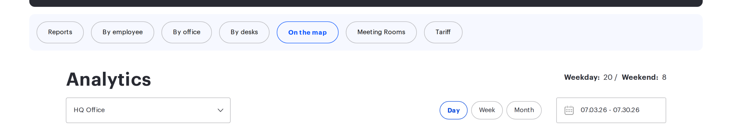 The On the map tab in Analytics: office selector, period switches and the working-days counter