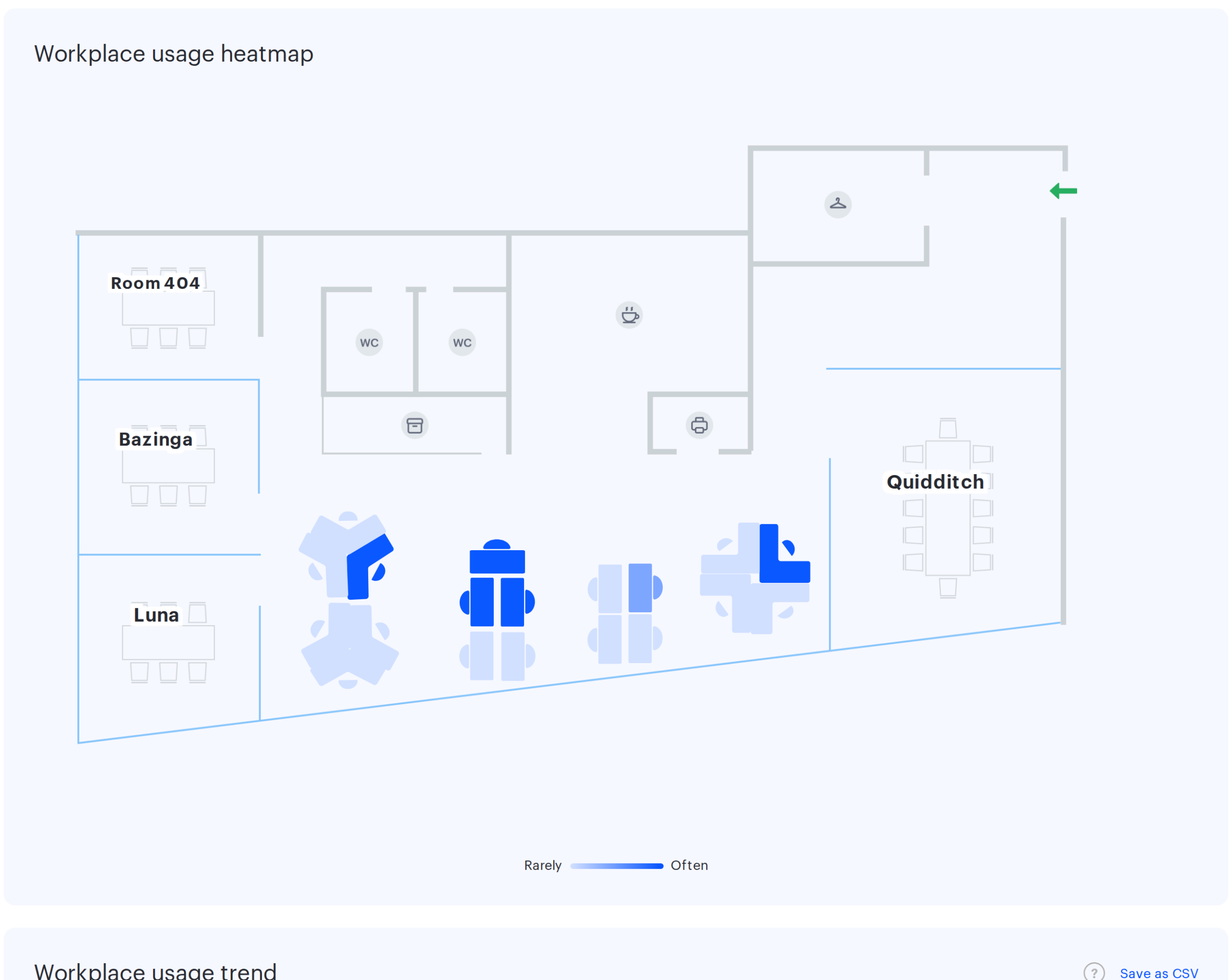 Workplace usage heatmap: the office plan with colour-coded desks and rooms and the Rarely to Often scale