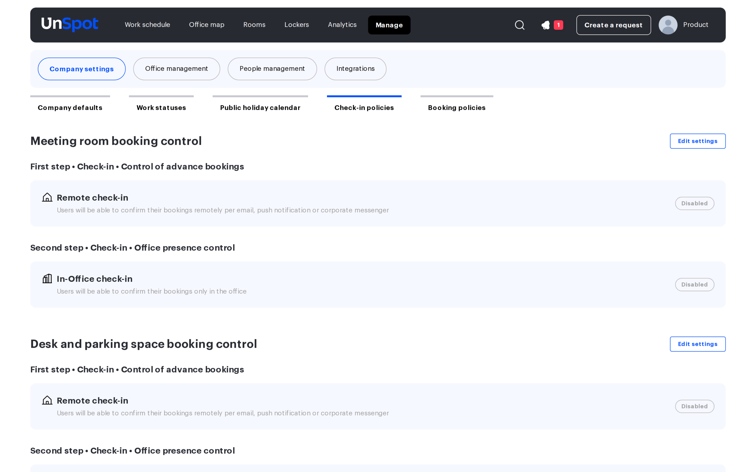 Check-in policies page with two booking control blocks