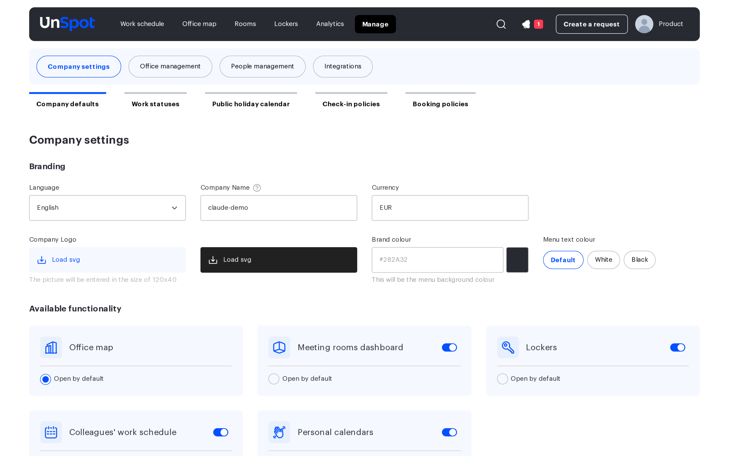 Company settings: branding, language and currency