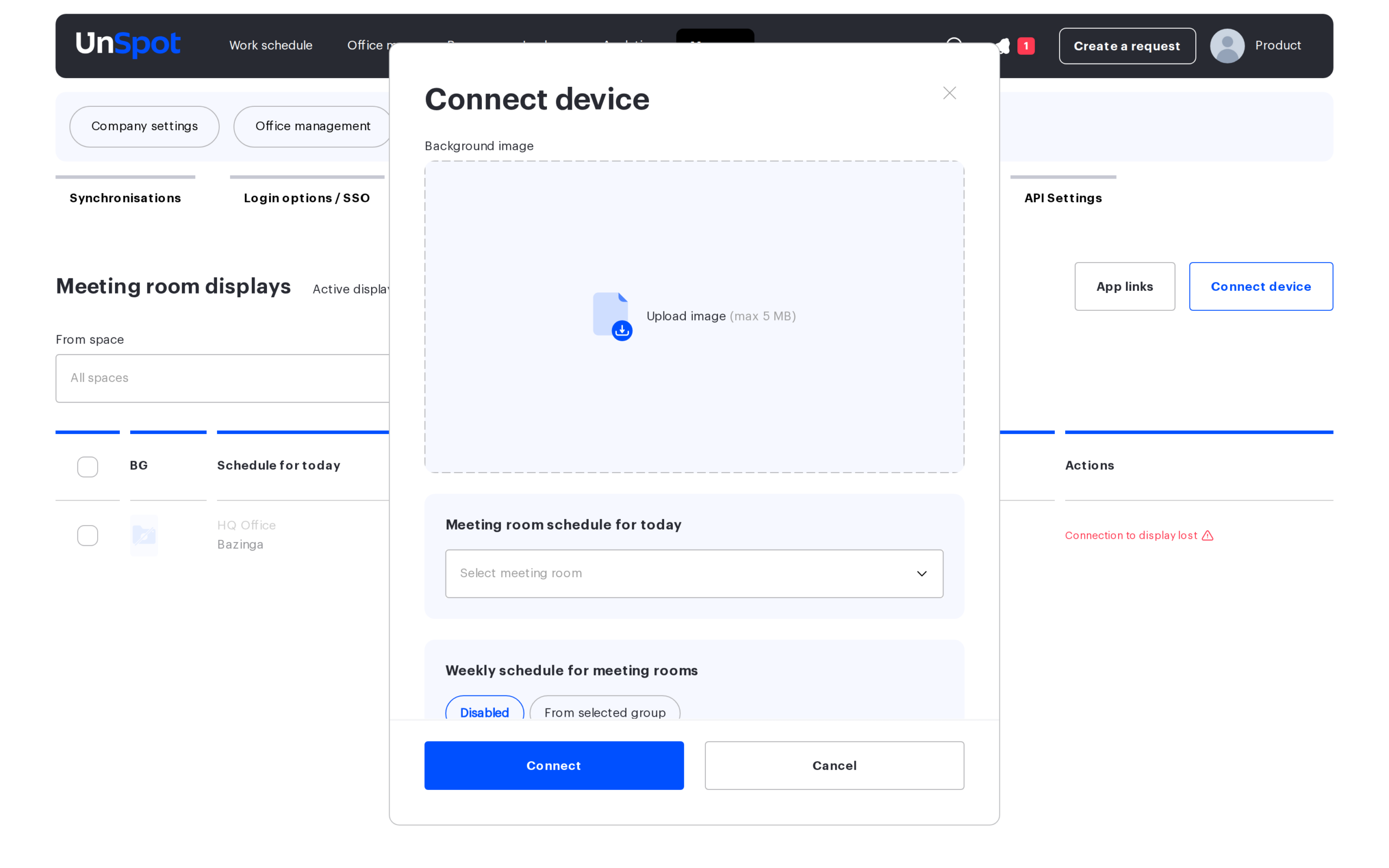 The Connect device window: background, schedule and display action settings