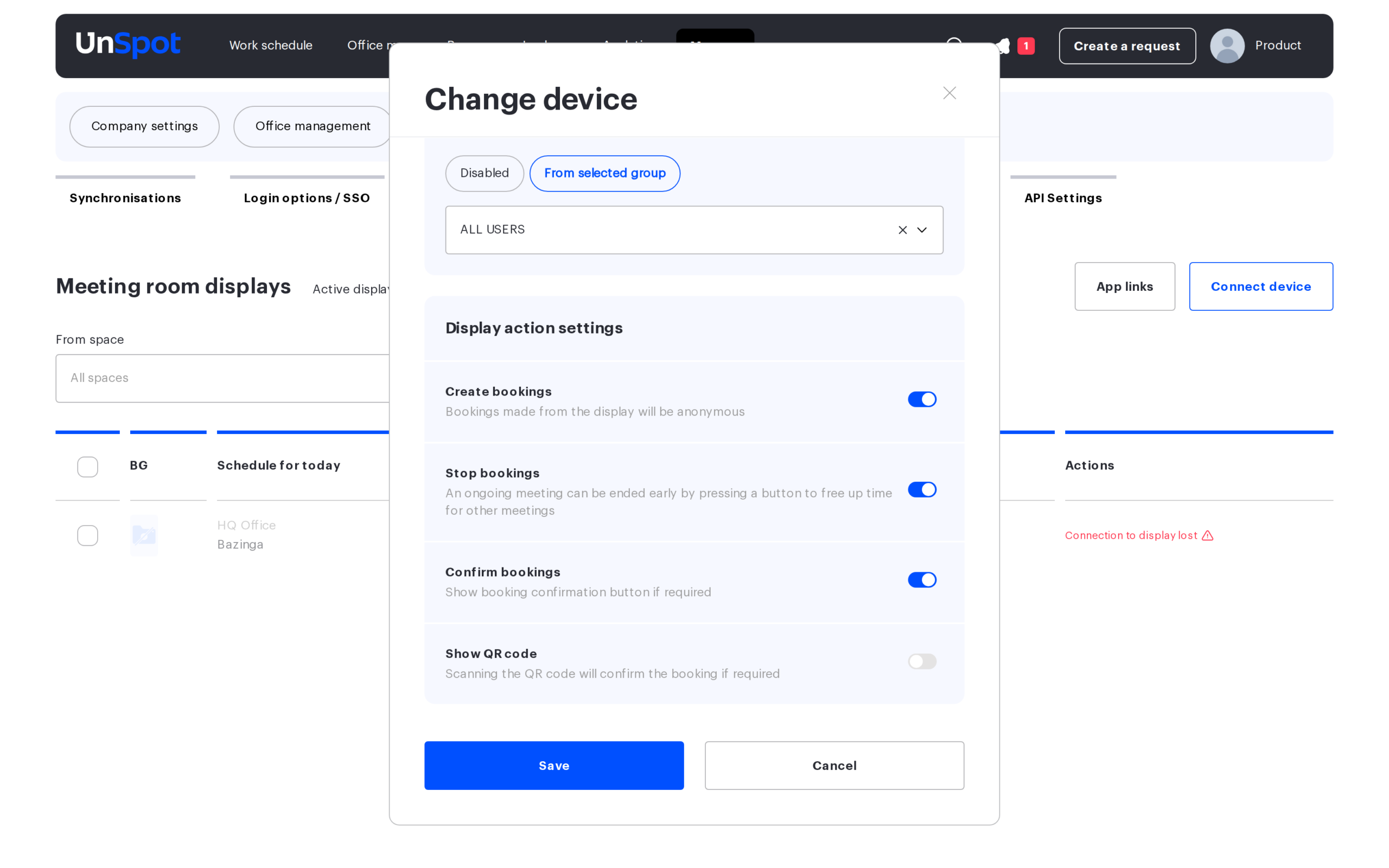 The device form: the Display action settings block