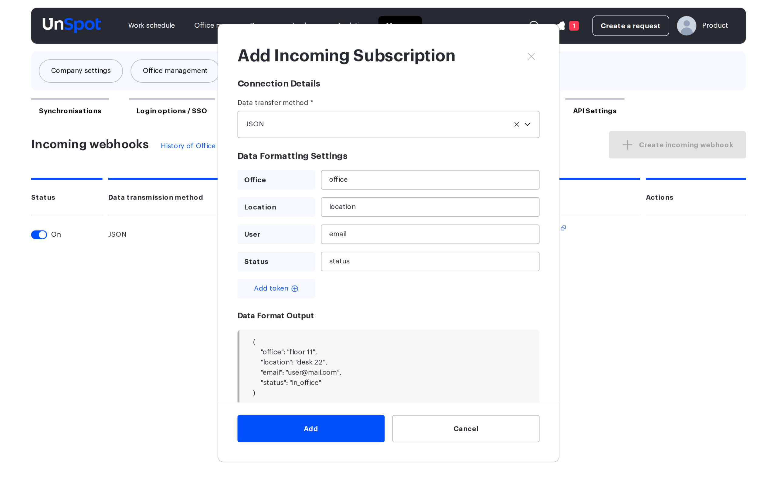 The Add Incoming Subscription window with JSON data formatting settings