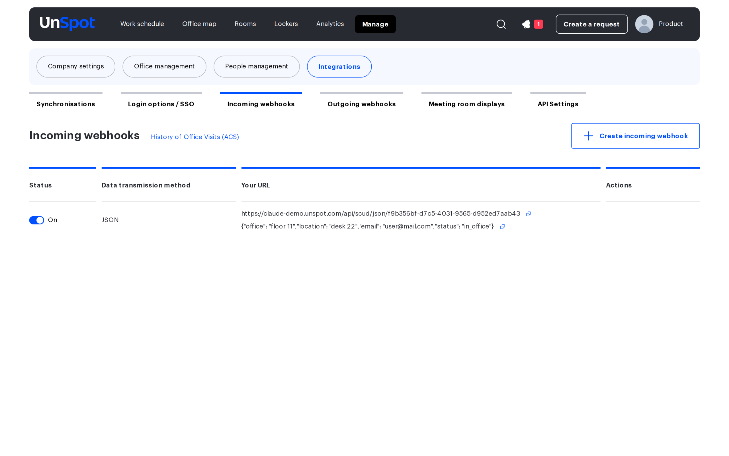 The Incoming webhooks page with the connection list