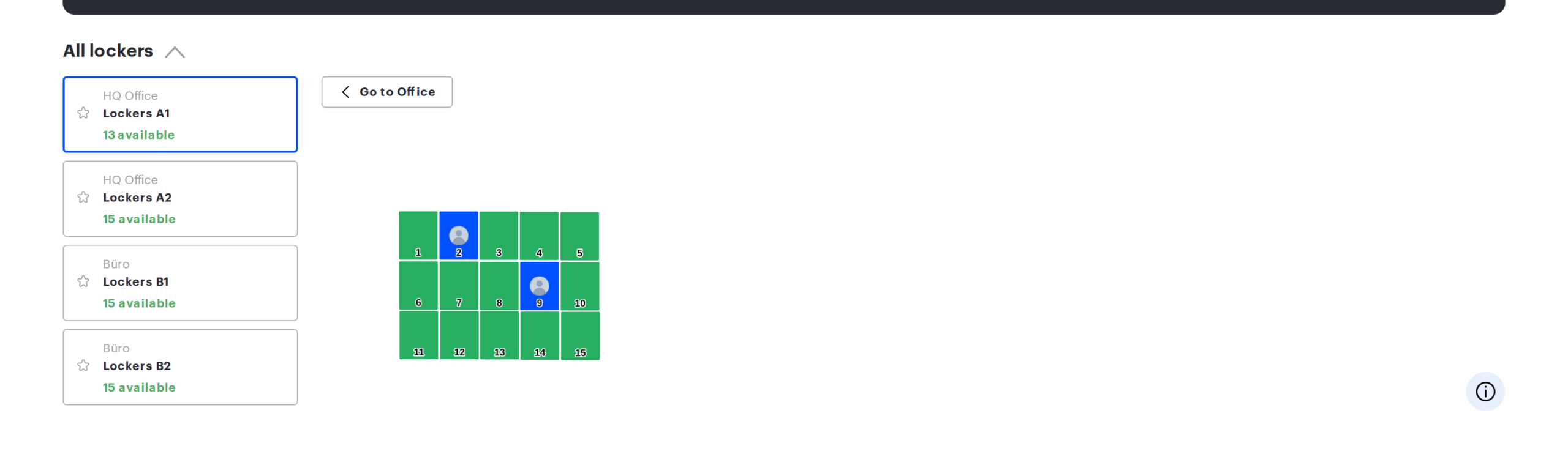 The Lockers section: list of lockers on the left and the cell map with free and taken cells