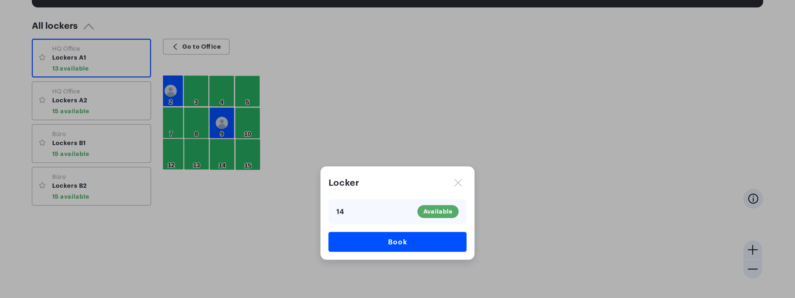 The locker cell window: number, the Available badge and the Book button