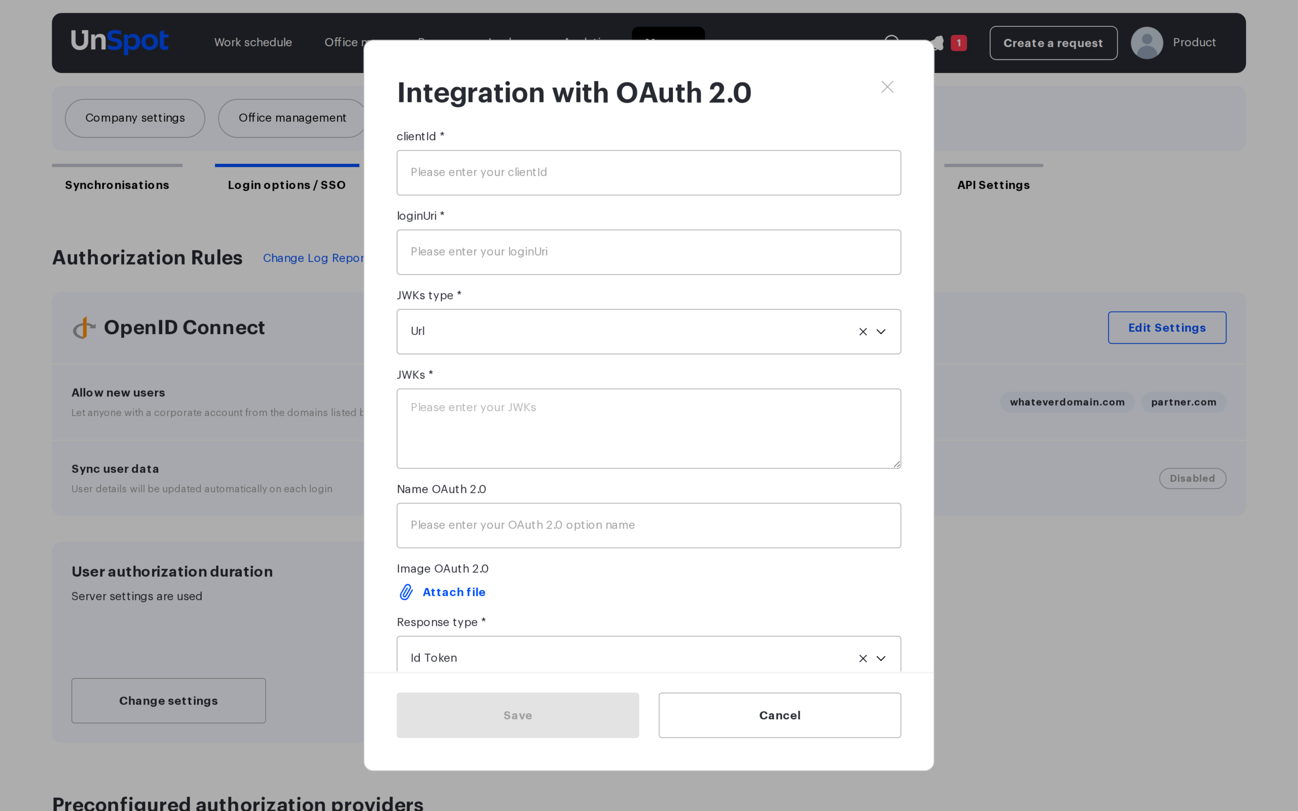 Integration with OAuth 2.0 modal on the Login options / SSO tab
