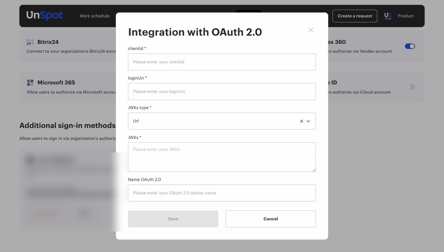 Integration with OAuth 2.0 form on the Login options / SSO tab