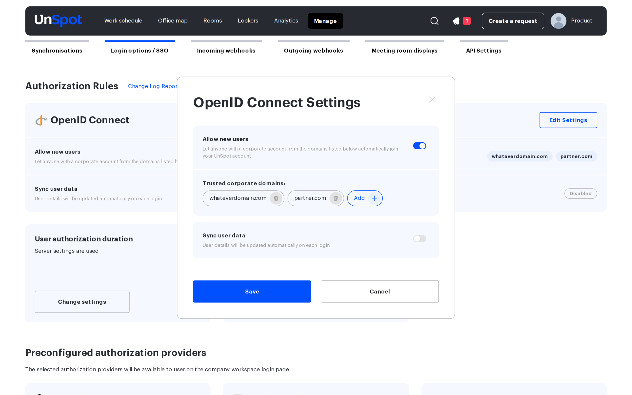 OpenID Connect Settings modal with the trusted domain list