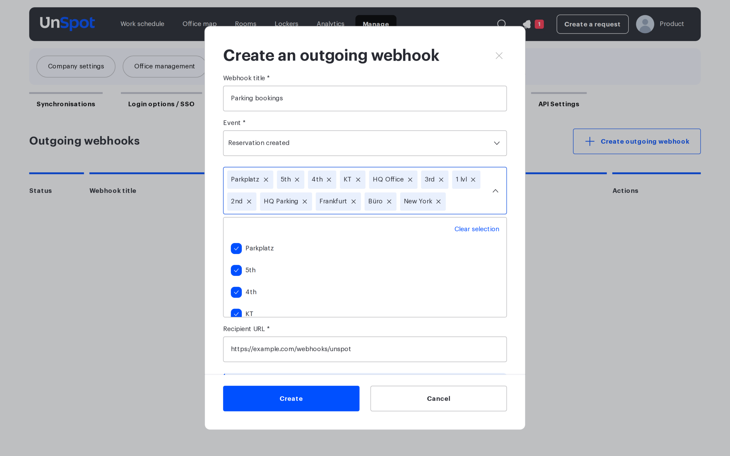 The Create an outgoing webhook window: title, event, spaces and recipient URL