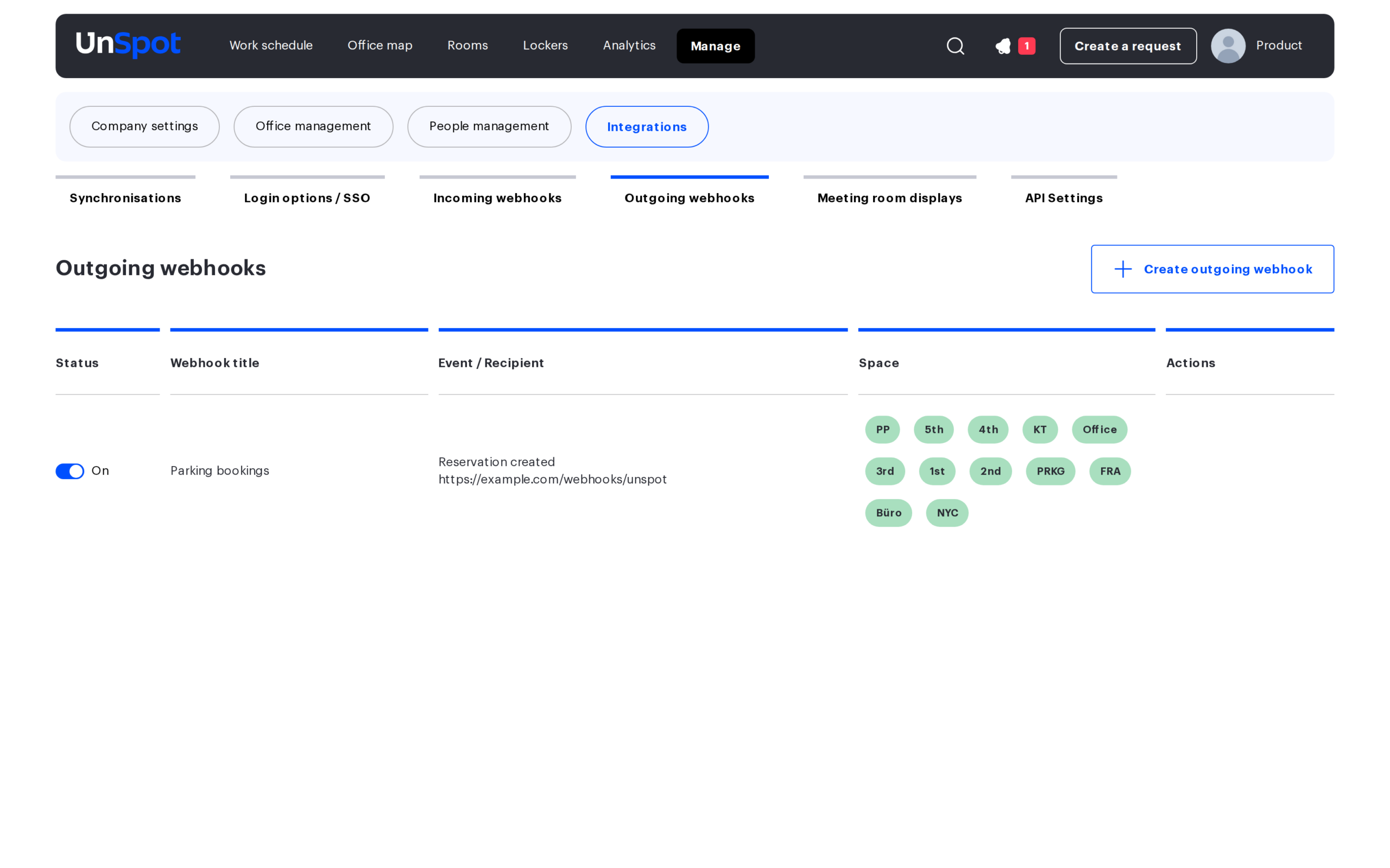 The Outgoing webhooks page with the created webhook