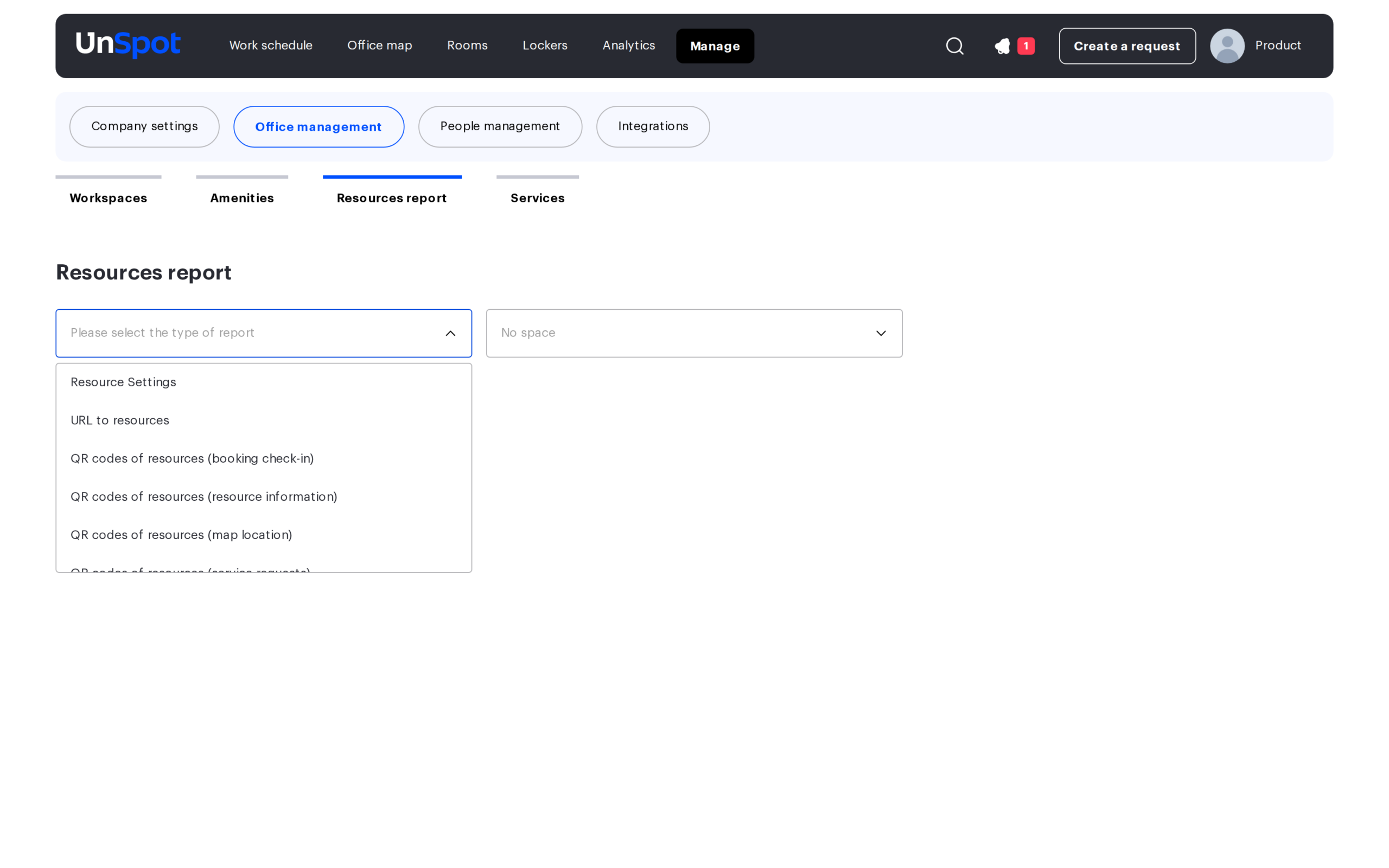 Resources report page with the report type list open