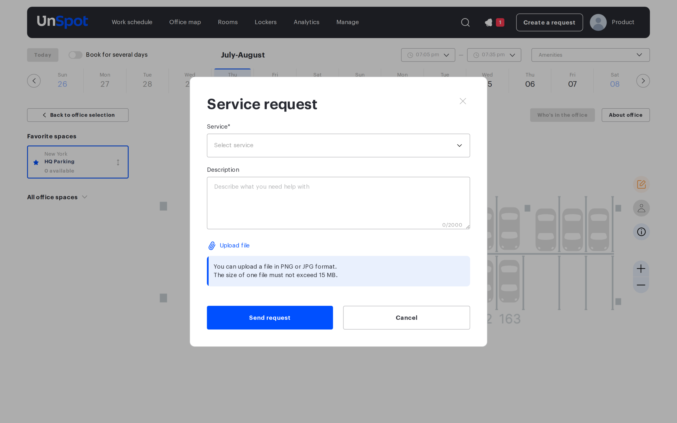 Service request form with service selector, description and file upload