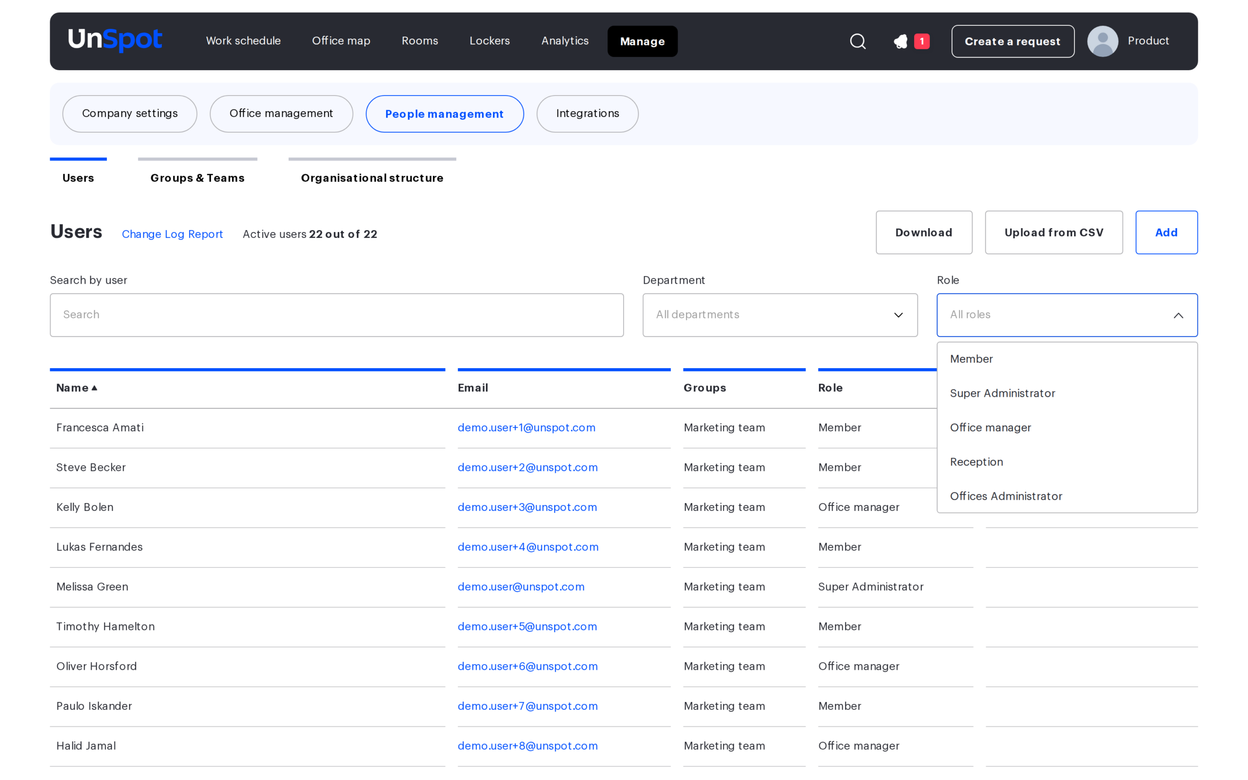 The Users list with the Role column and the role filter open
