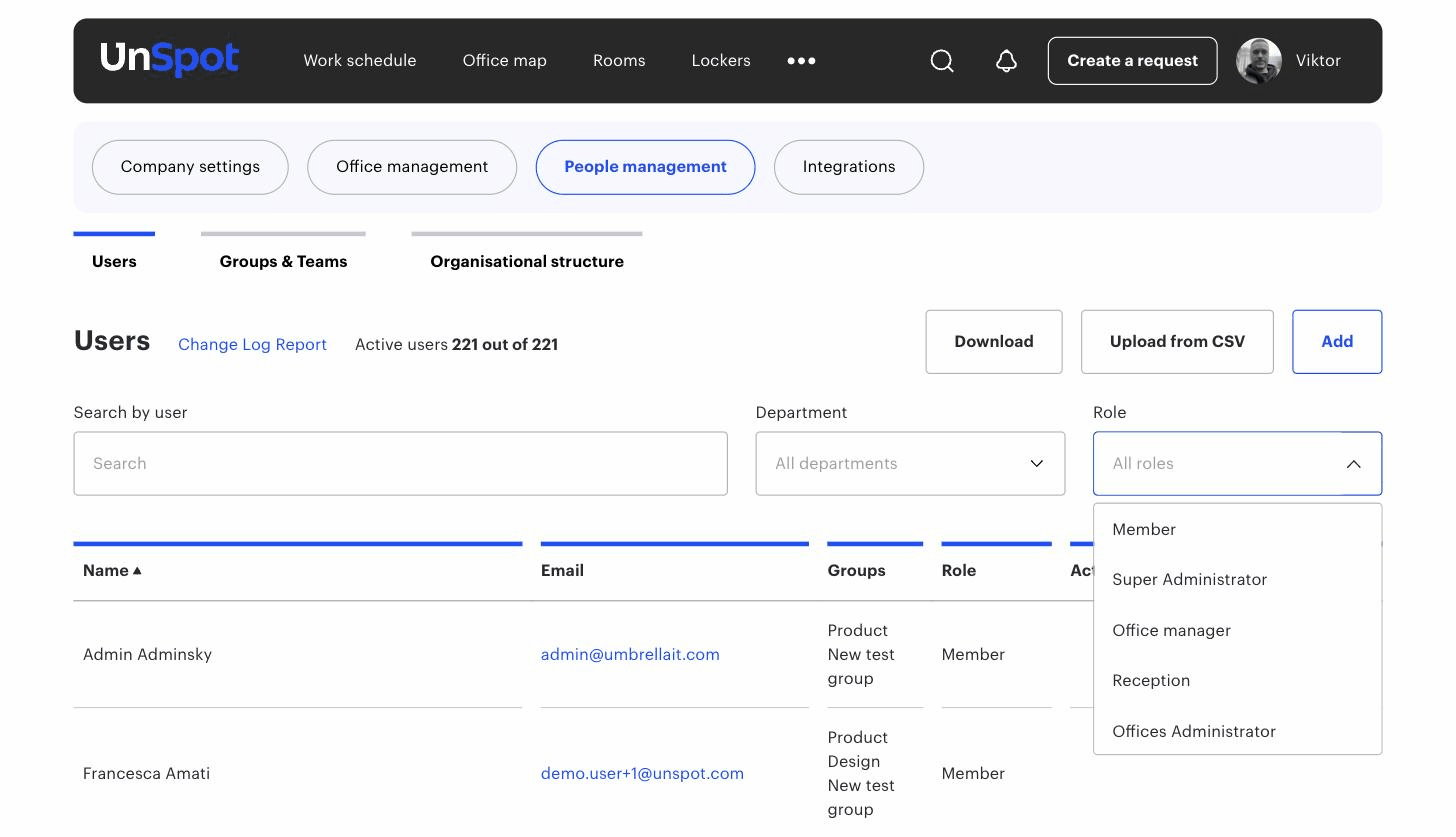 The Users list with the Role column and role filter