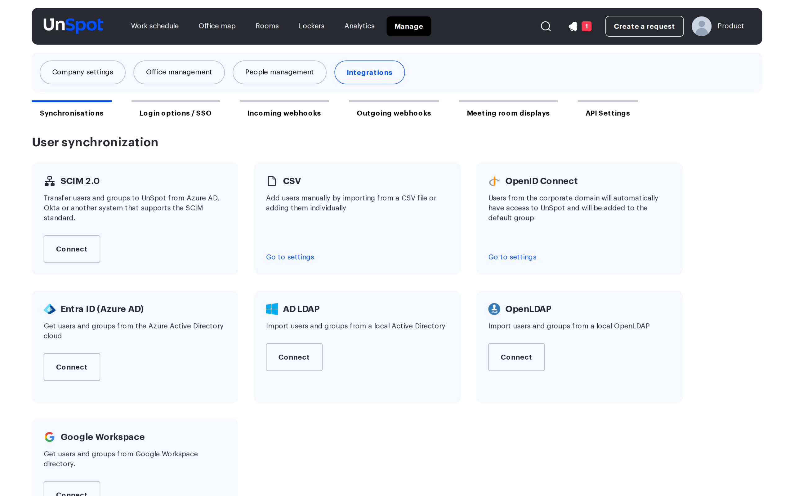 Synchronisations tab: the SCIM 2.0 card where the SCIM URL and token are issued