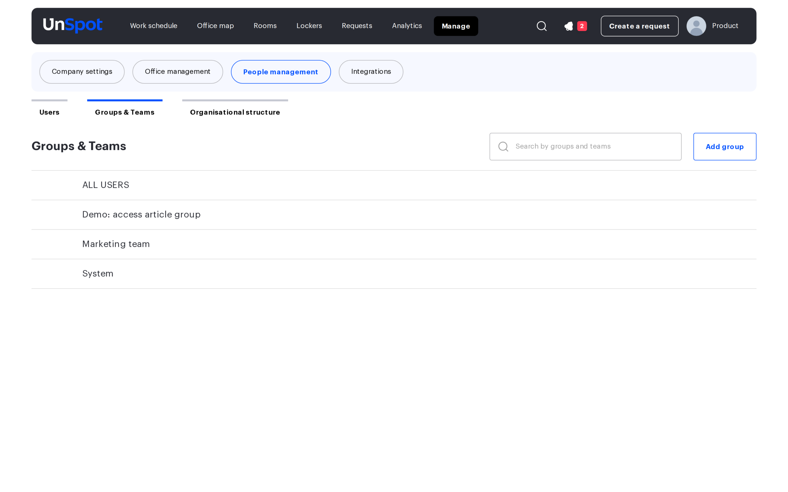 The 'Groups & Teams' section in UnSpot: the list of Access Groups with the built-in ALL USERS group