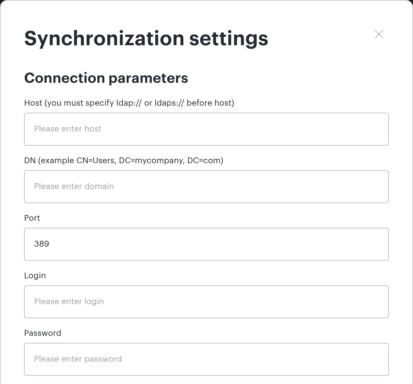 The Synchronization settings dialog for AD LDAP: the Connection parameters block