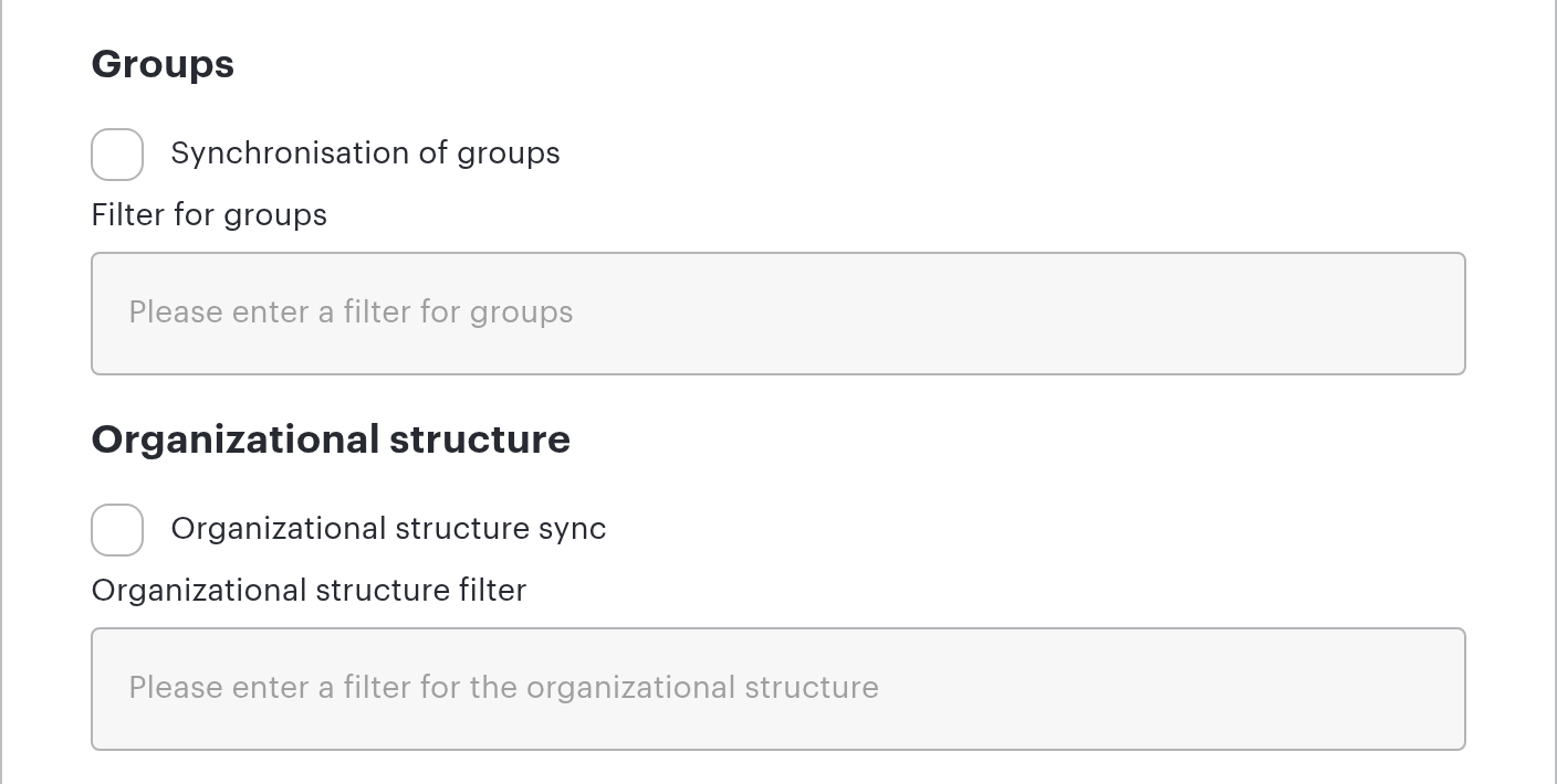 The Groups and Organizational structure blocks of the AD LDAP form with their checkboxes and filters