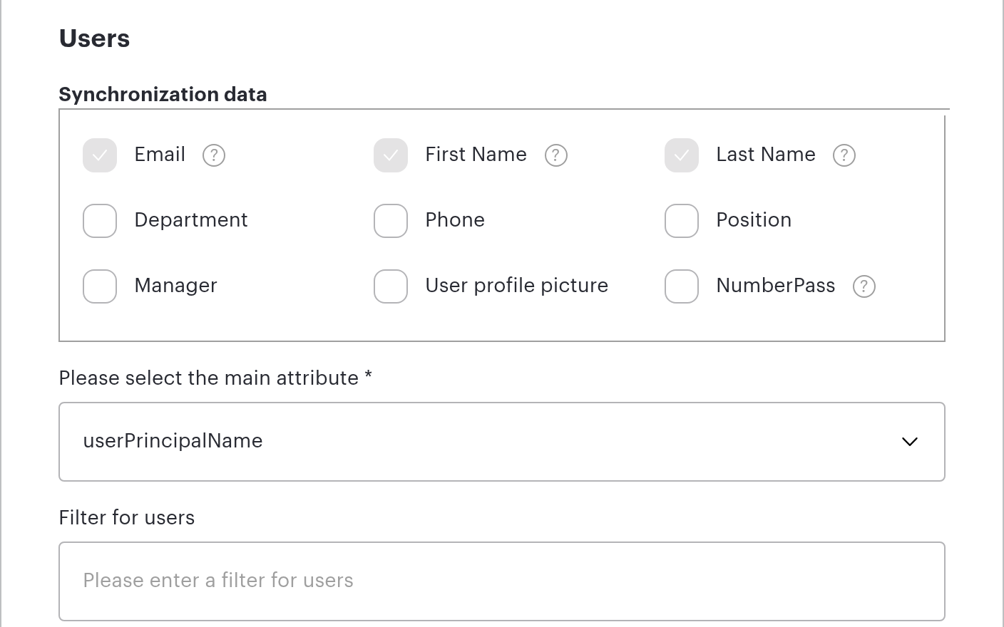 The Synchronization data block of the AD LDAP form: field checkboxes, the main attribute and the user filter
