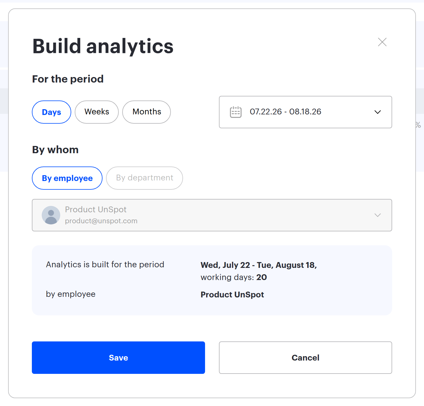 The Build analytics dialog on the By employee tab: period, employee selection and grouping chips