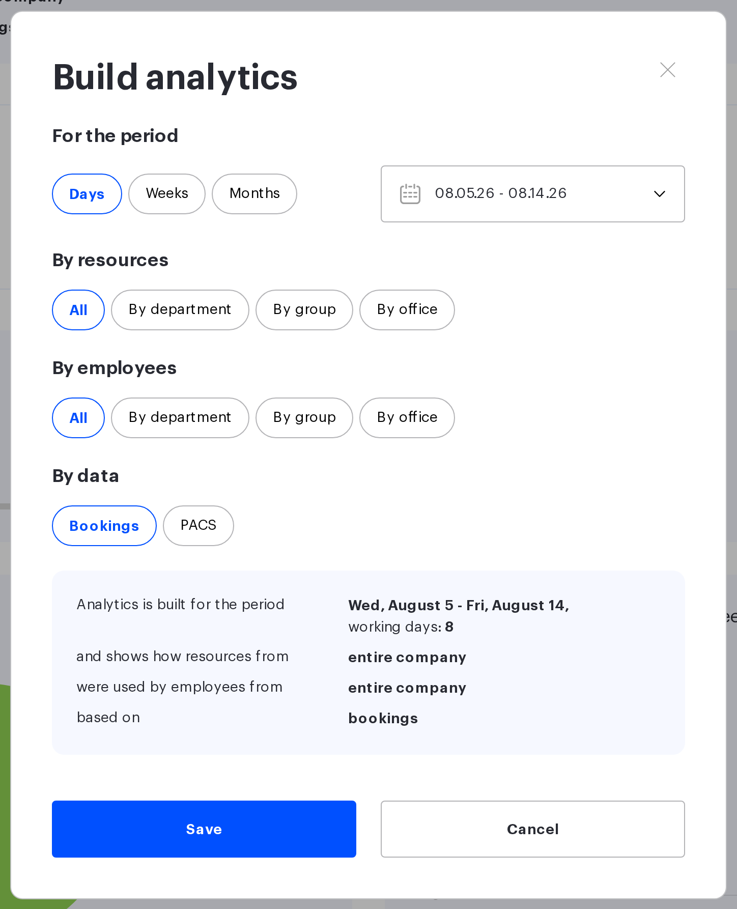 The Build analytics window with the four filter sections
