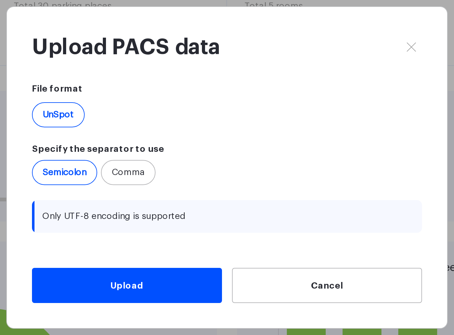 The Upload PACS data window with the file format and separator