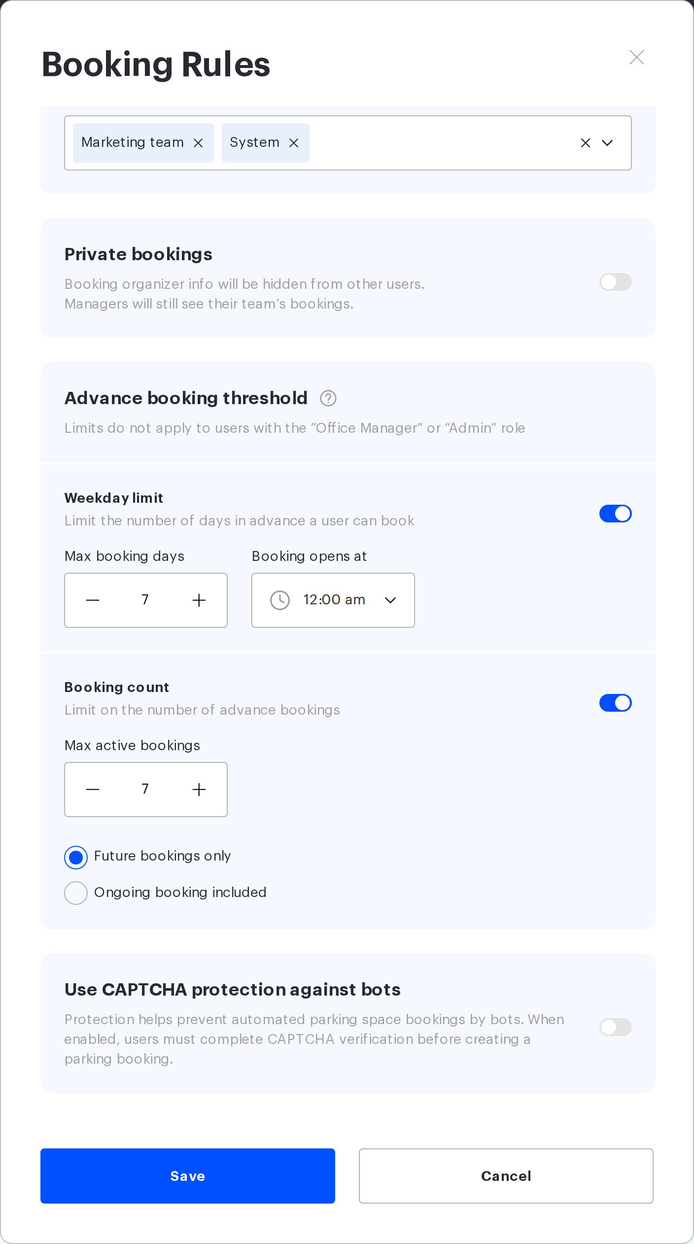 The booking horizon block in the UnSpot office booking rules