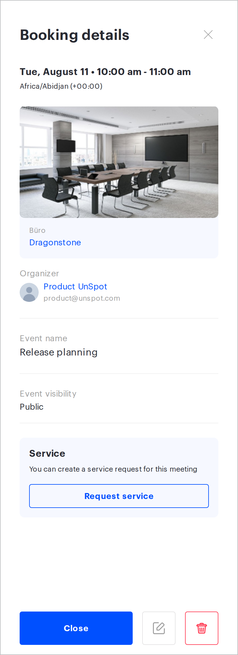 Meeting-room booking card with the Service block and the Request service button