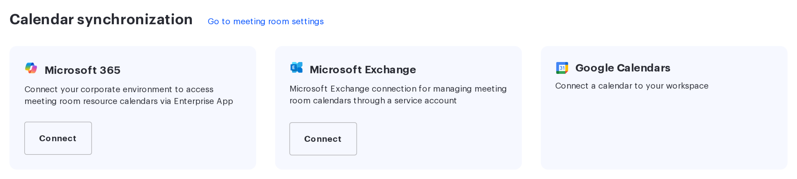 Calendar synchronization block with the Microsoft 365, Microsoft Exchange and Google Calendars cards