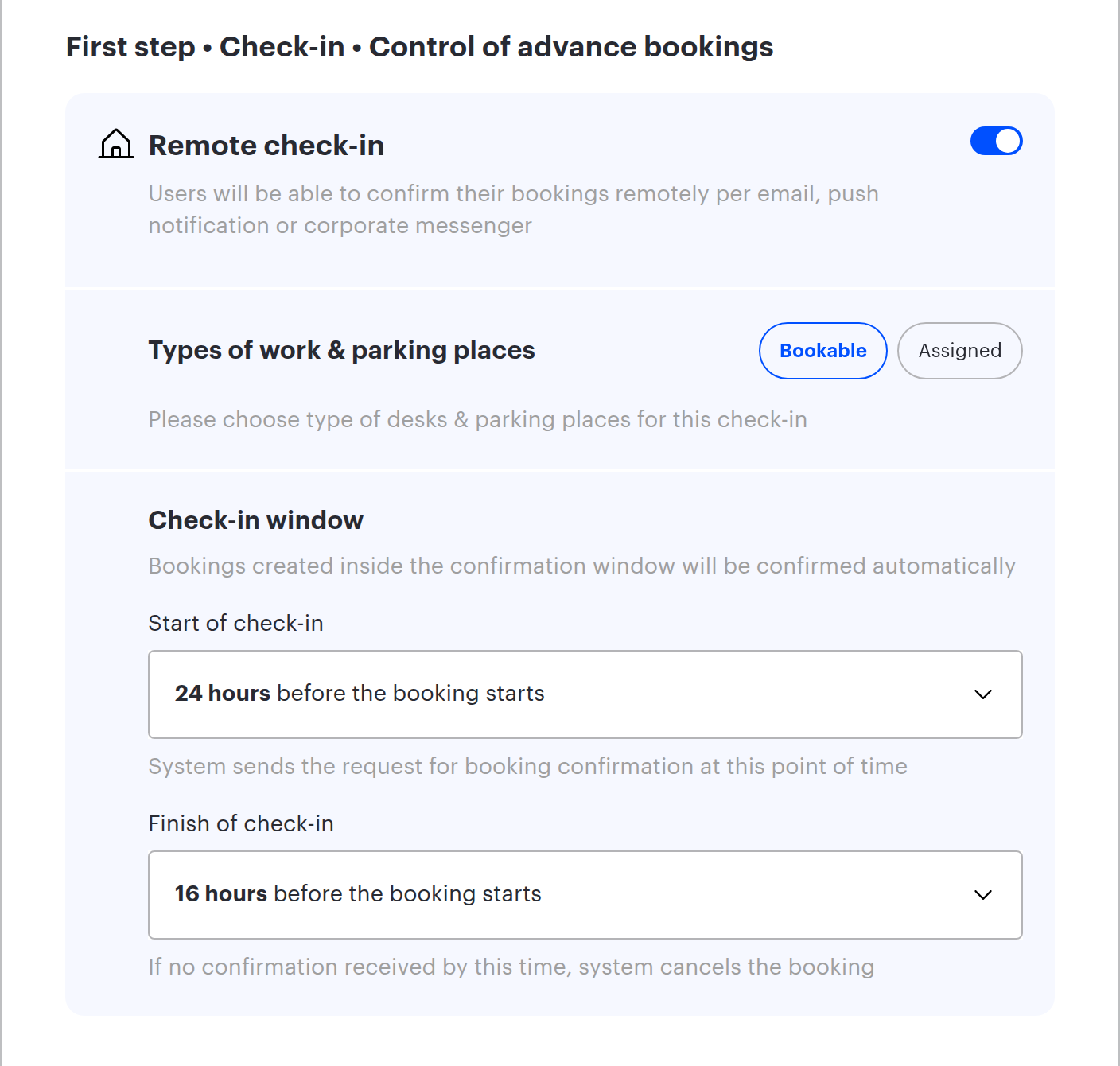 First step of booking control: place types and the check-in window