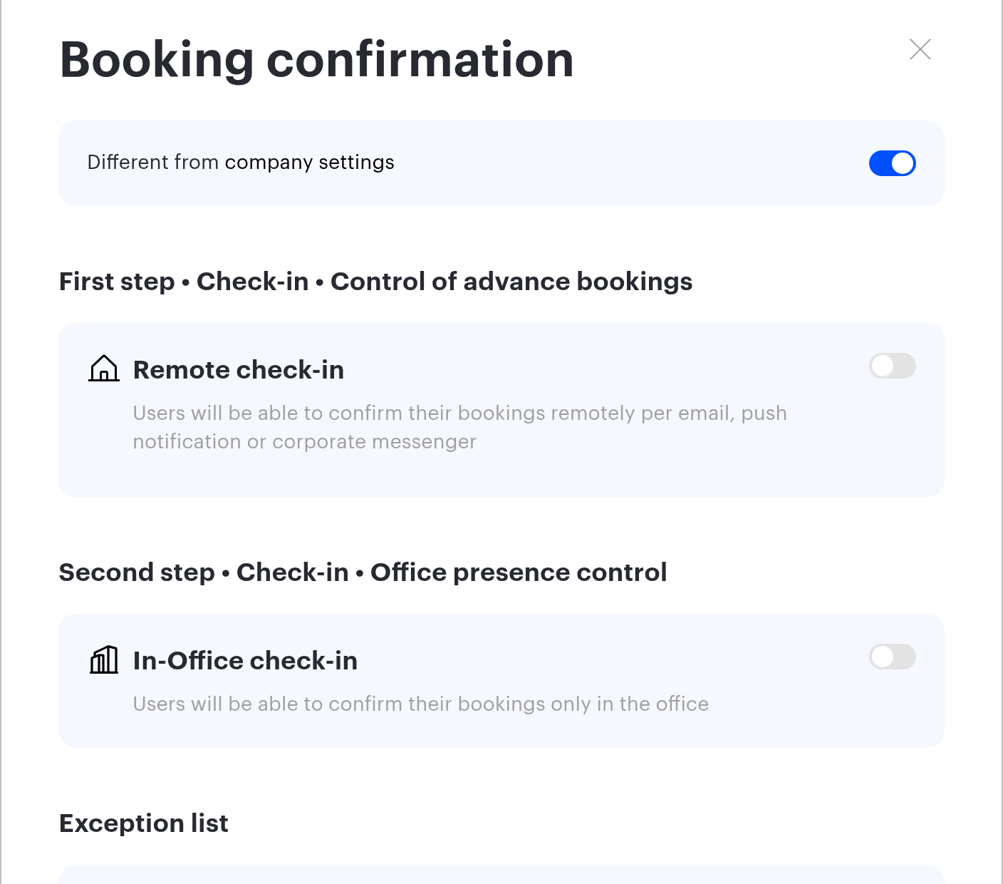 The Booking confirmation window of a space: the Different from company settings switch