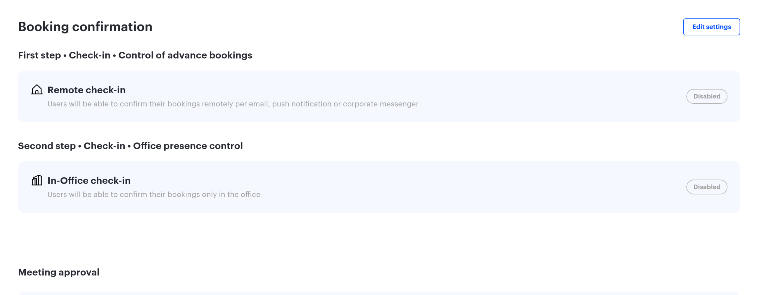 The Booking confirmation block in a meeting room form, next to the administrator approval block