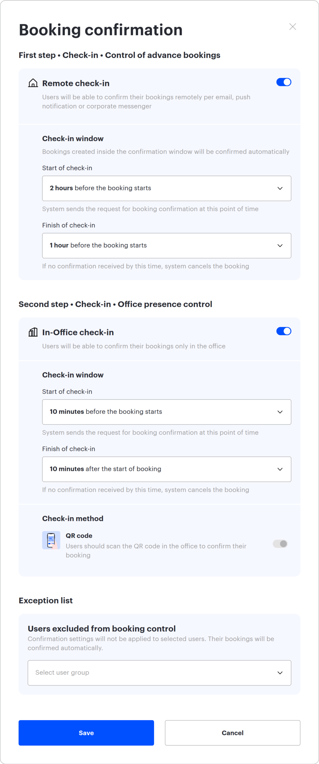 The Booking confirmation window for meeting rooms: two stages and QR code as the only check-in method