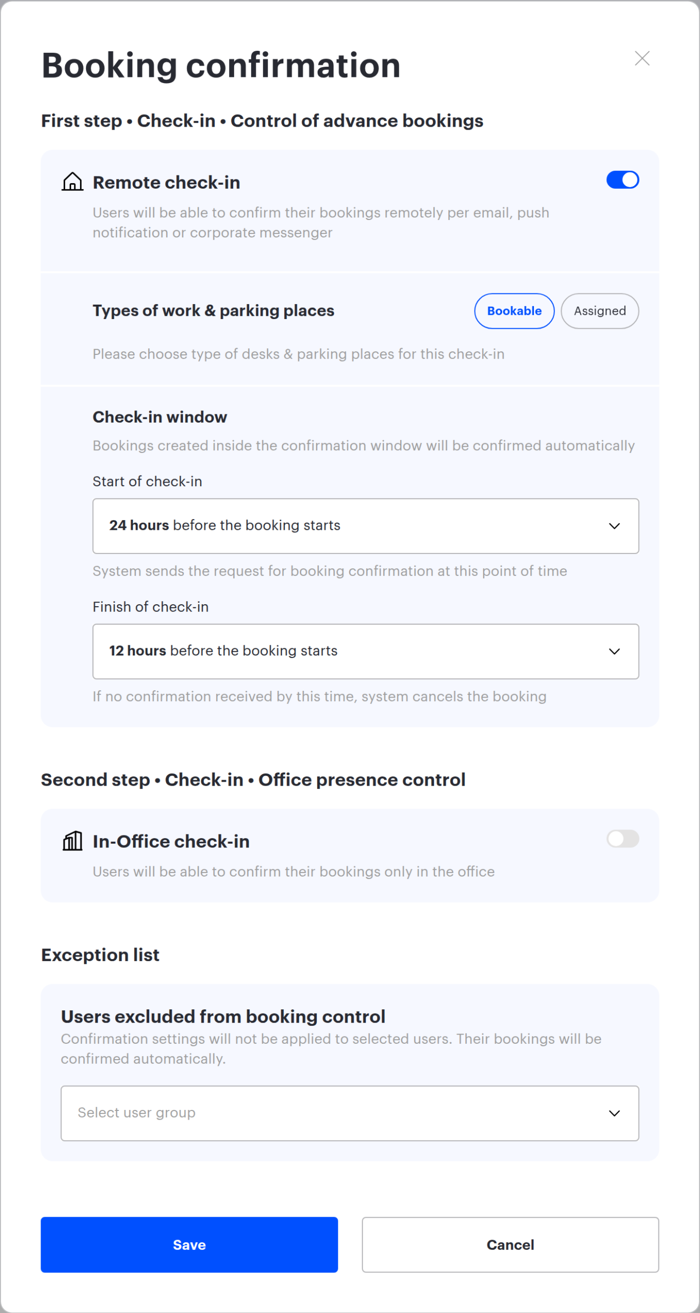 The Booking confirmation window, scenario 1: only the first step is on, the window runs from 24 hours to 12 hours before the start