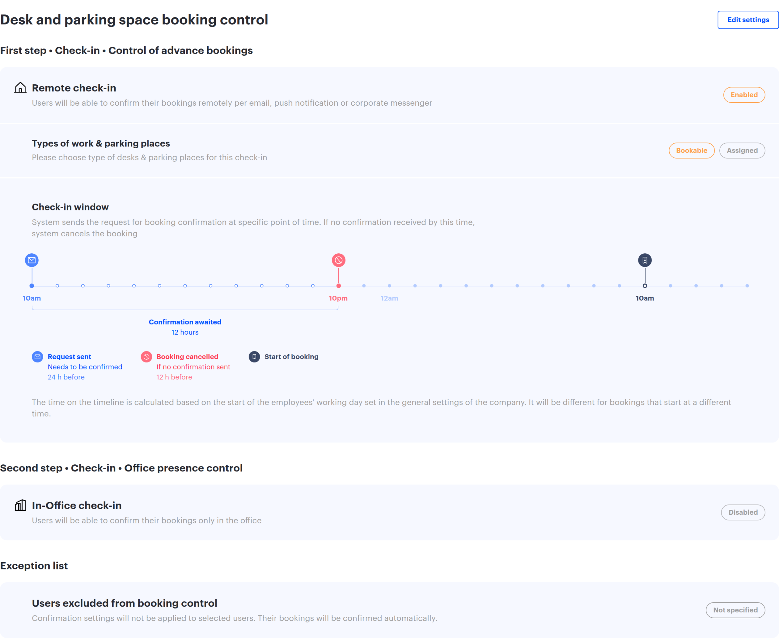 The saved view of scenario 1: the first step is Enabled, the window timeline shows the request 24 hours and the cancellation 12 hours before the start