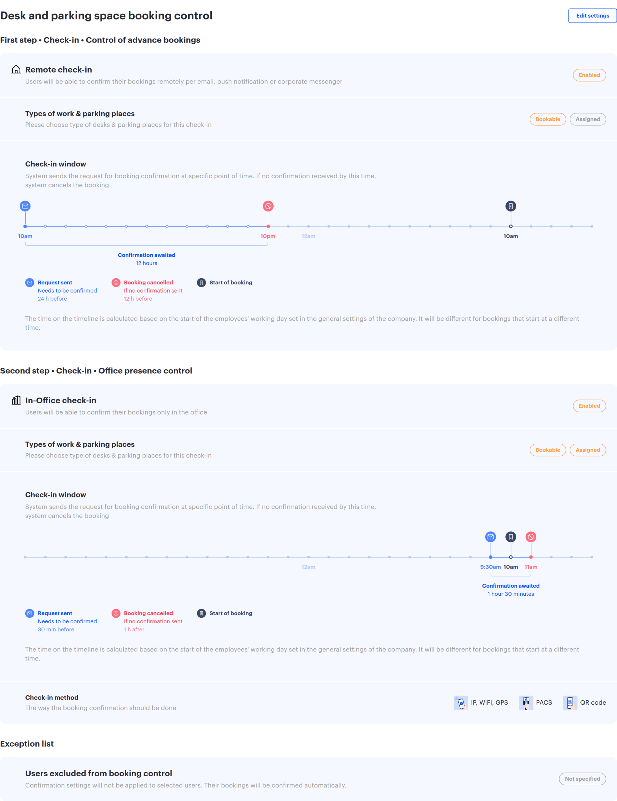 The saved view of scenario 4: both steps Enabled with both window timelines and the check-in methods