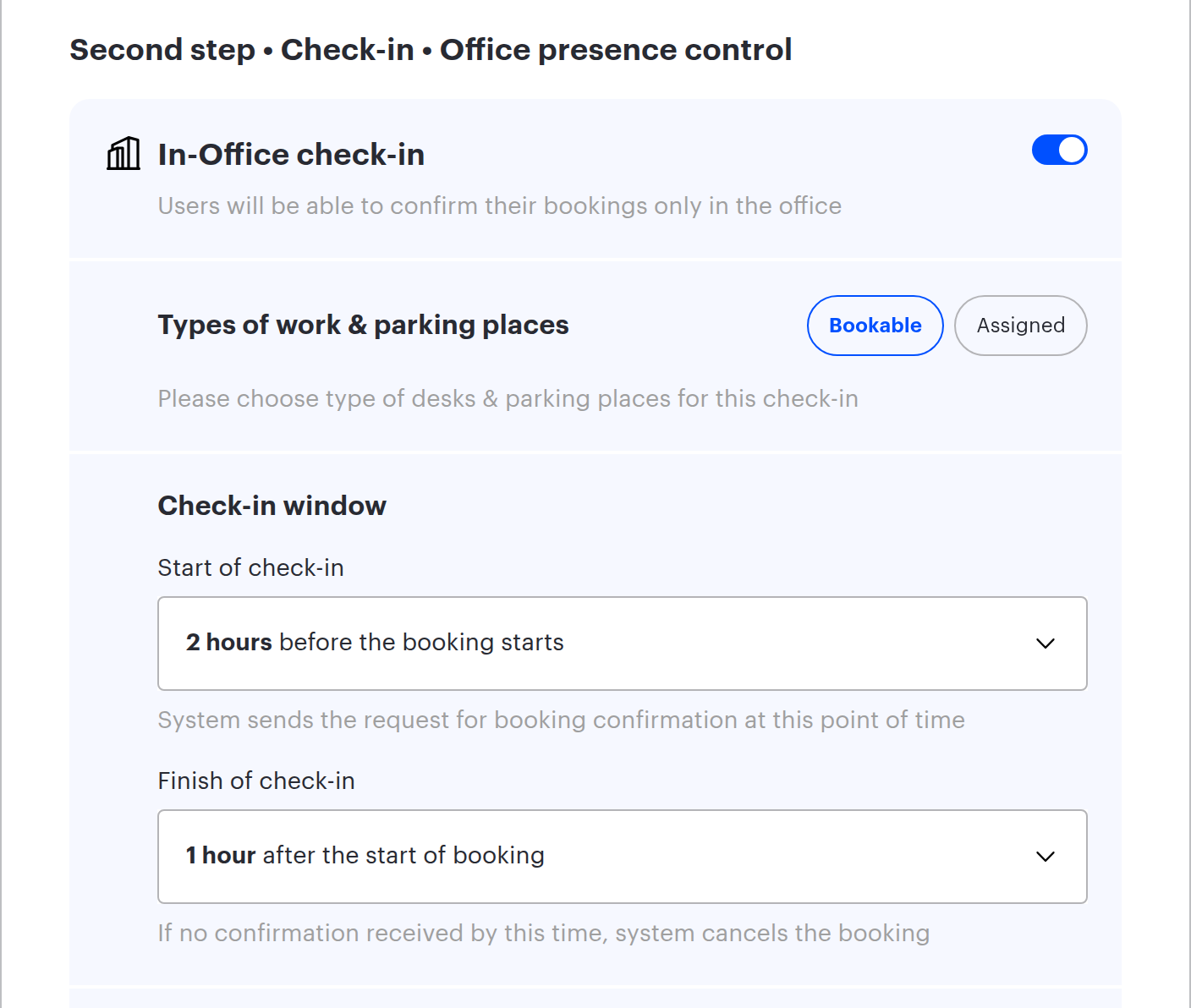 Second step of booking control: check-in window and place types