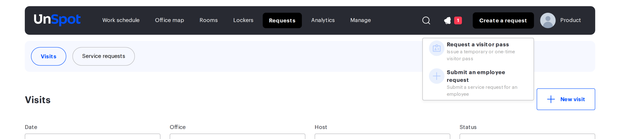 The Create a request button in the UnSpot header with the card list open