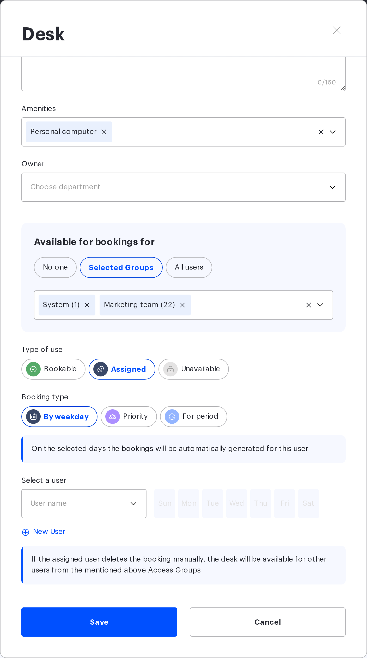 UnSpot desk card: the type of use 'Assigned' and the booking type options