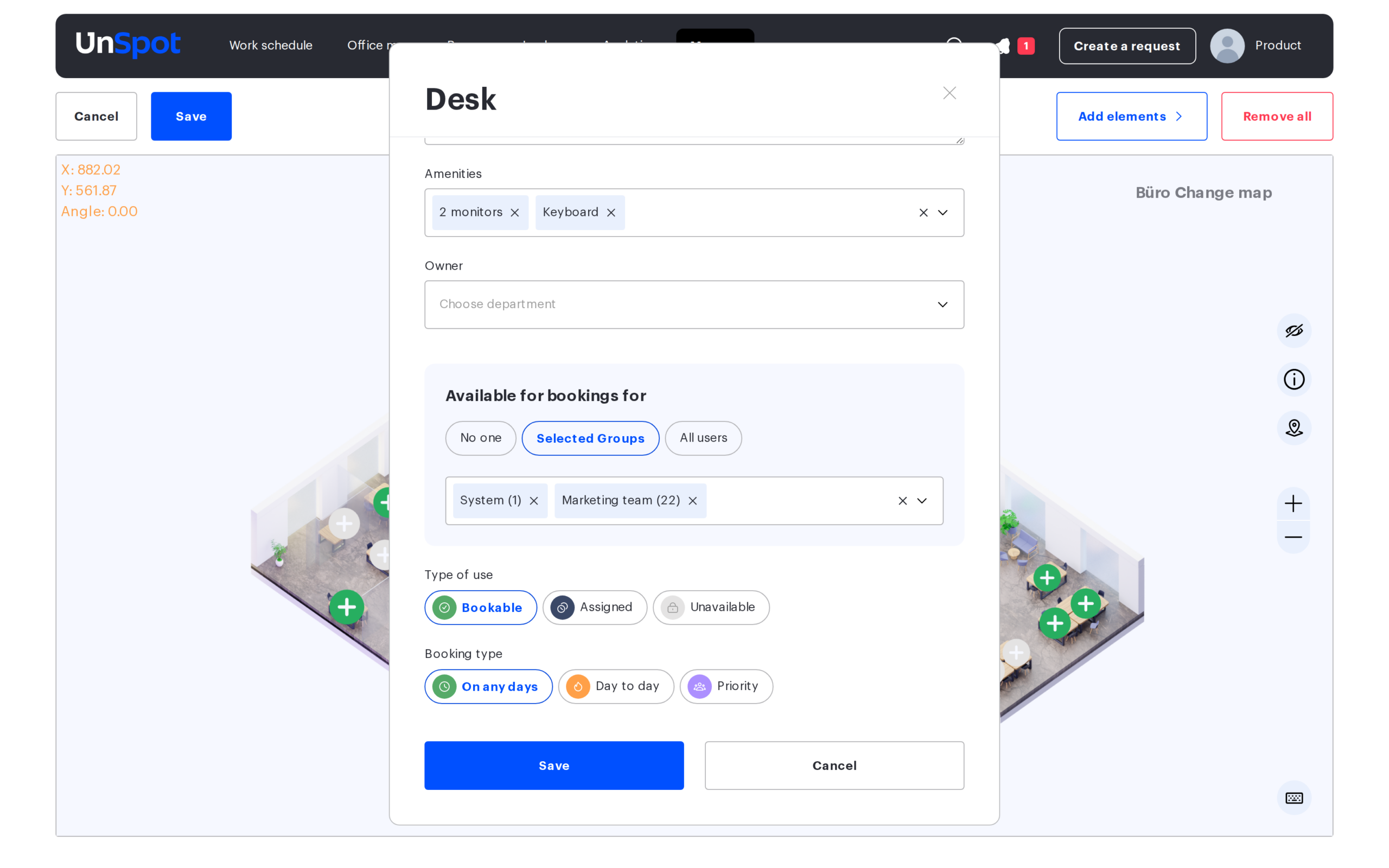 Desk form: booking type and assignment to an employee
