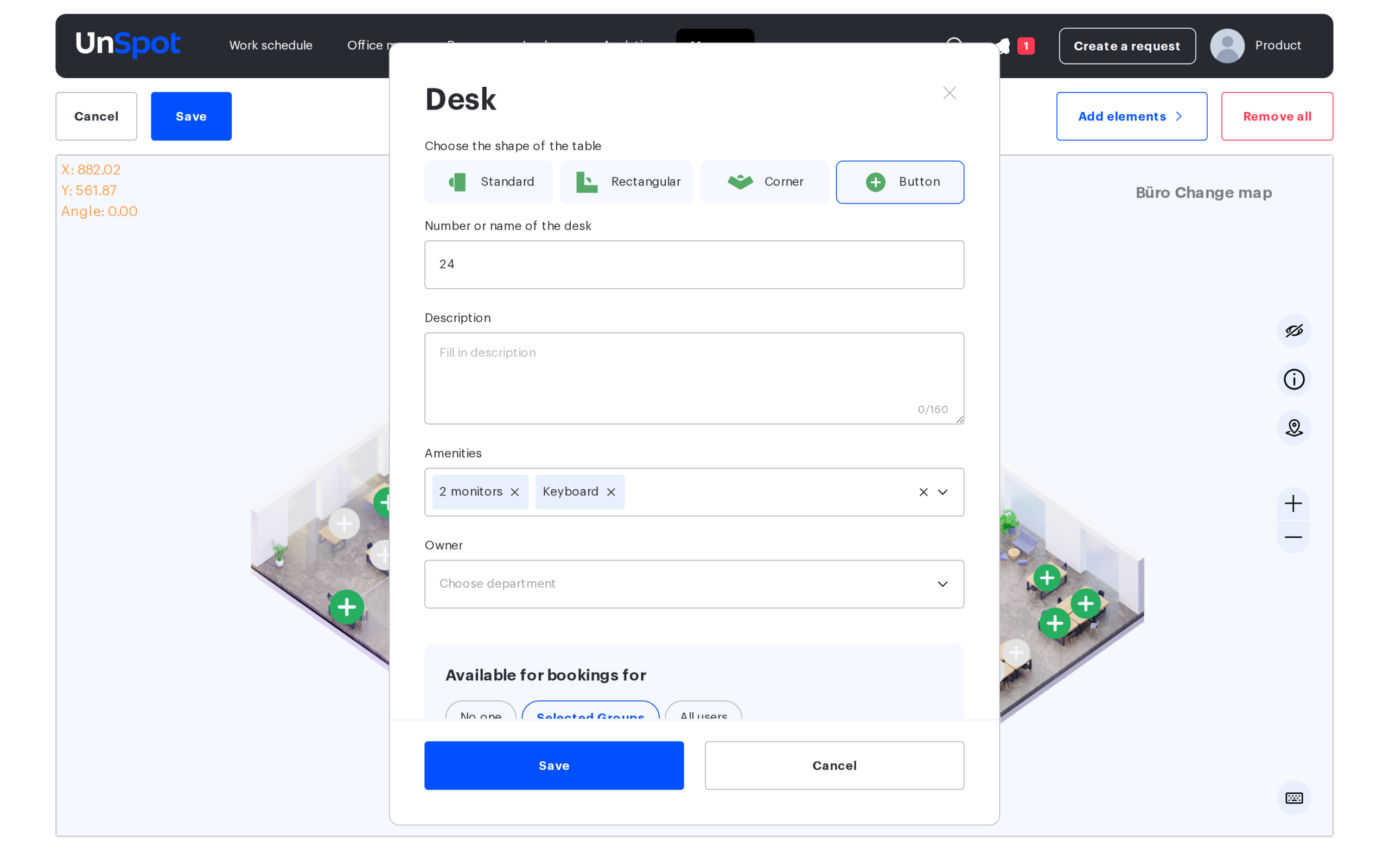 Desk form on the office map: shape, description, amenities and owner