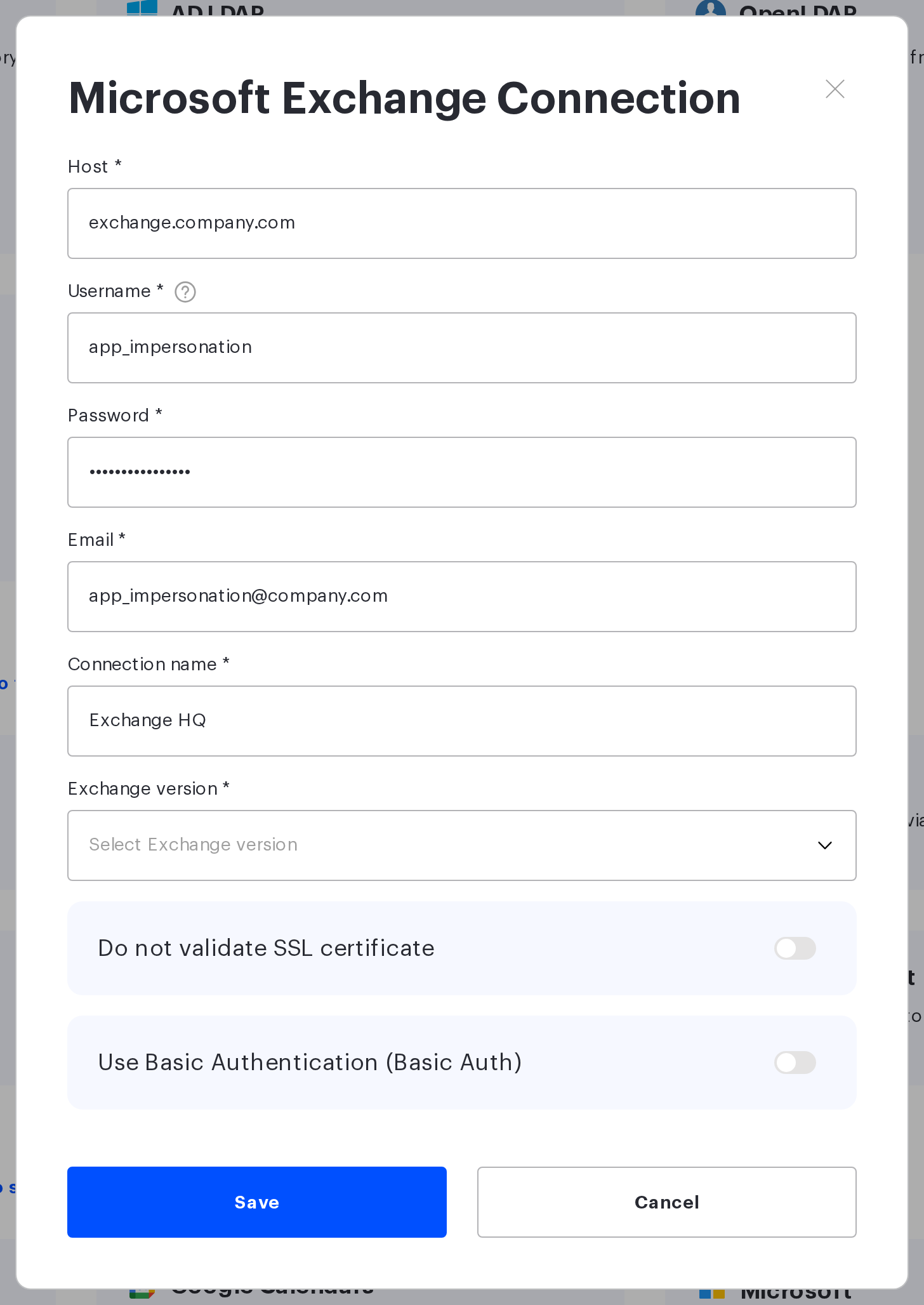Microsoft Exchange Connection window with all fields