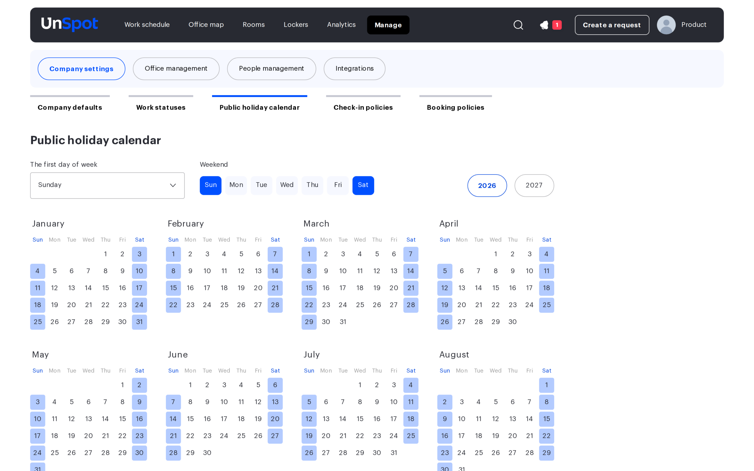 The Public holiday calendar page: first day of week, weekend days and the month grid